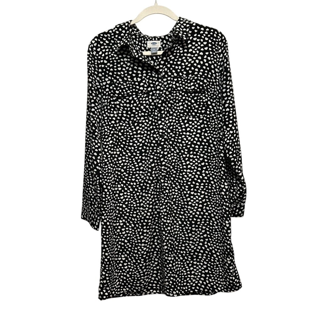 Old Navy Black Shirt Dress M Women's Long Sleeve Button Down White Hearts Top
